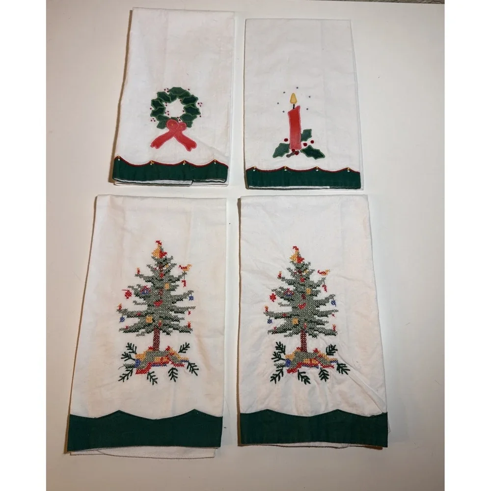 Vintage Christmas Tree Tea Towels Lillian Vernon Hand Cross Stitched Set of 4